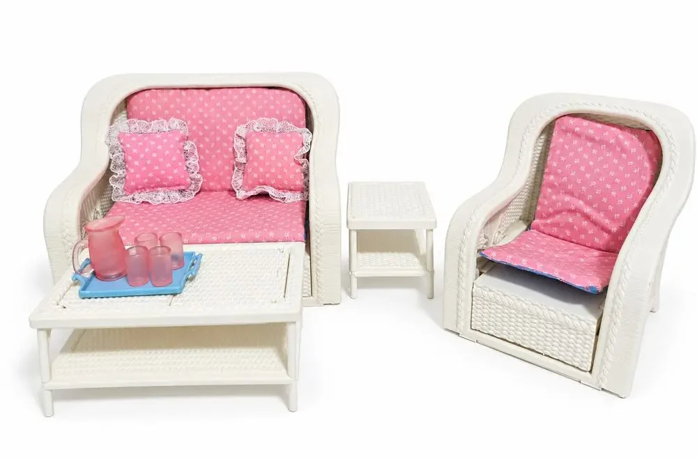 Vintage Barbie Wicker Living Room Set Couch Table Chair Furniture Mattel 1983